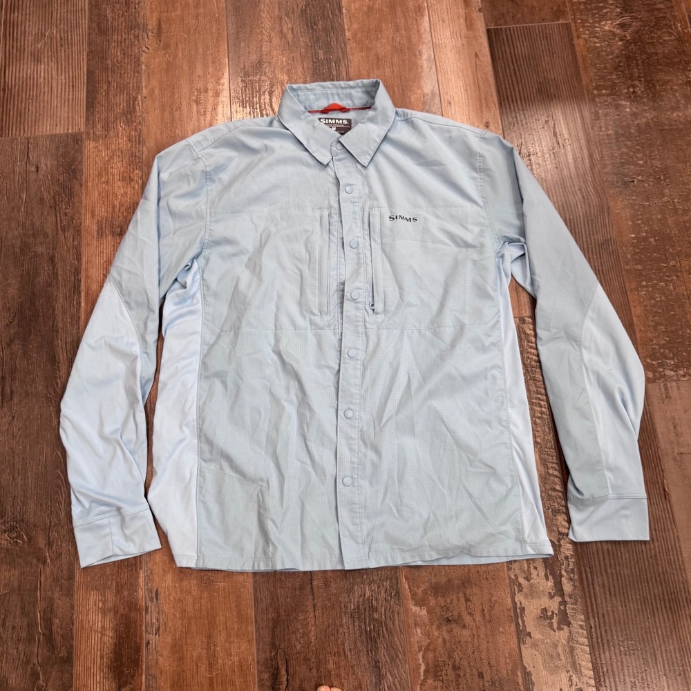 Simms Fishing Products Mens Blue Ripstop Long Sleeve Snap Front Fishing Shirt M